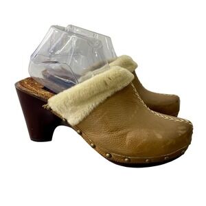 BareTraps Addison Y2K Tan Leather Fur Lined Clog Heel Shoes‎ Women's 9M booties